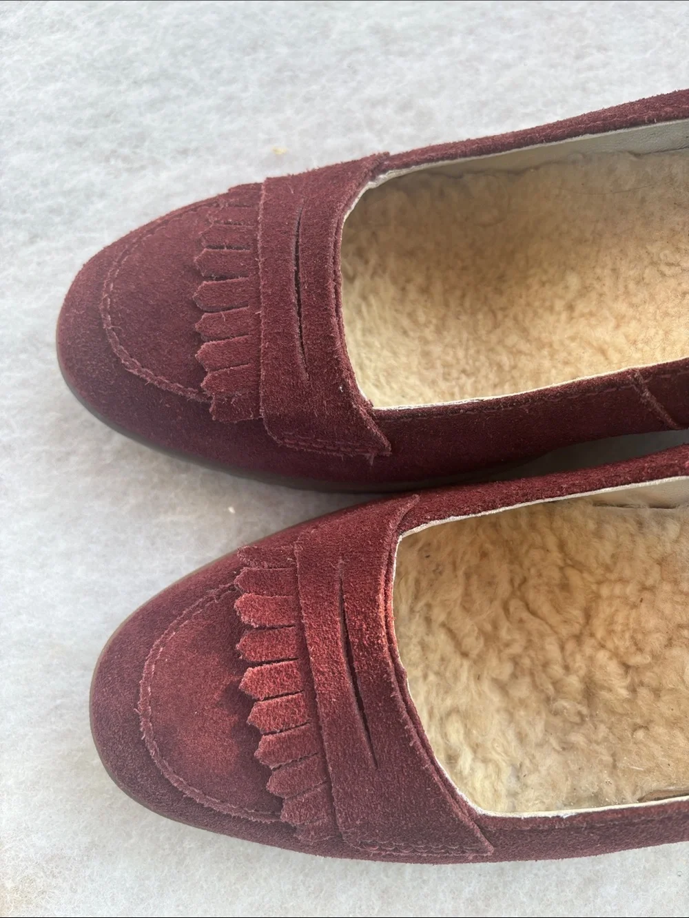 UGG Women's Burgundy Suede Wedge Loafers with Shearling